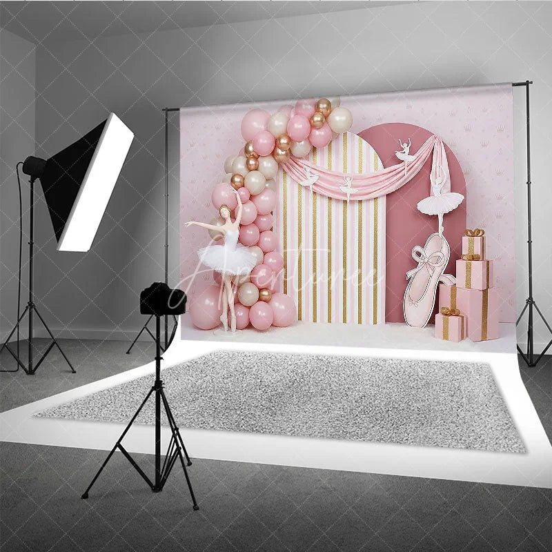 Aperturee - Aperturee Pink Ballerina and Golden Stripes Backdrop Ballet Tutu and Ribbon Decor for Girl Birthday Cake Smash