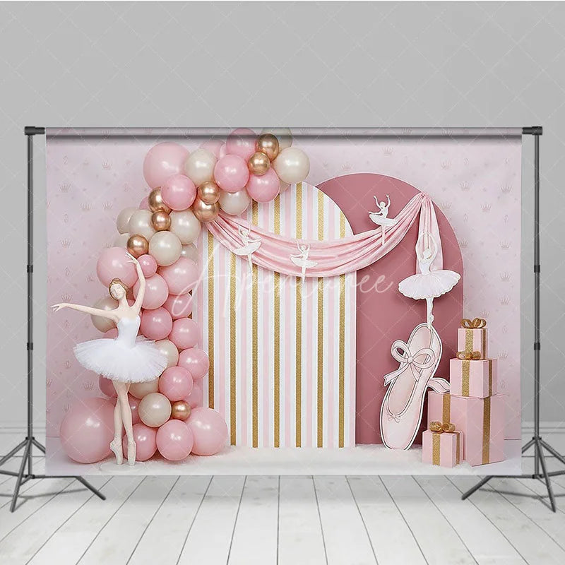 Aperturee - Aperturee Pink Ballerina and Golden Stripes Backdrop Ballet Tutu and Ribbon Decor for Girl Birthday Cake Smash