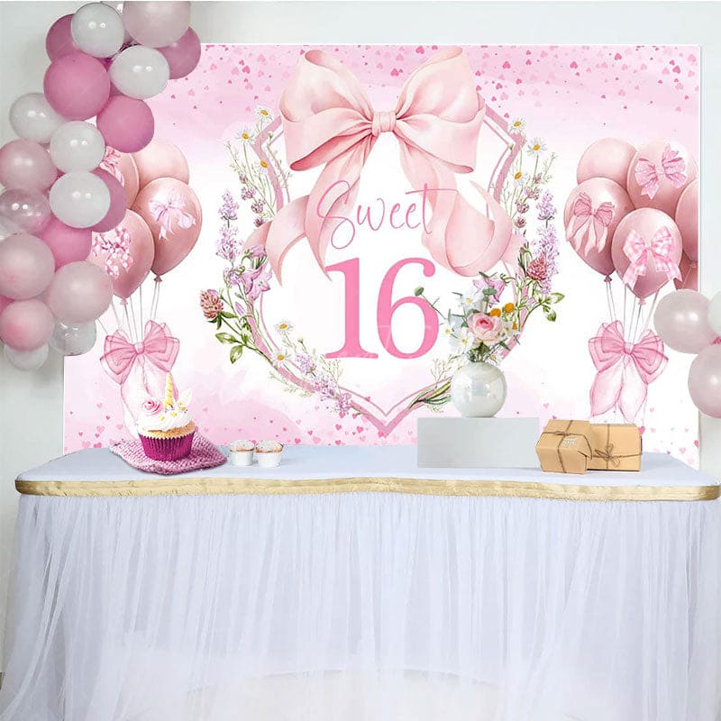 Aperturee - Aperturee Pink Balloons Bow Floral Sweet 16 Birthday Backdrop