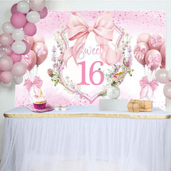 Aperturee - Aperturee Pink Balloons Bow Floral Sweet 16 Birthday Backdrop