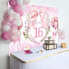 Aperturee - Aperturee Pink Balloons Bow Floral Sweet 16 Birthday Backdrop