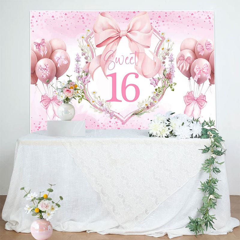 Aperturee - Aperturee Pink Balloons Bow Floral Sweet 16 Birthday Backdrop