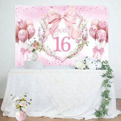 Aperturee - Aperturee Pink Balloons Bow Floral Sweet 16 Birthday Backdrop