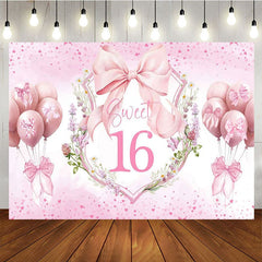 Aperturee - Aperturee Pink Balloons Bow Floral Sweet 16 Birthday Backdrop
