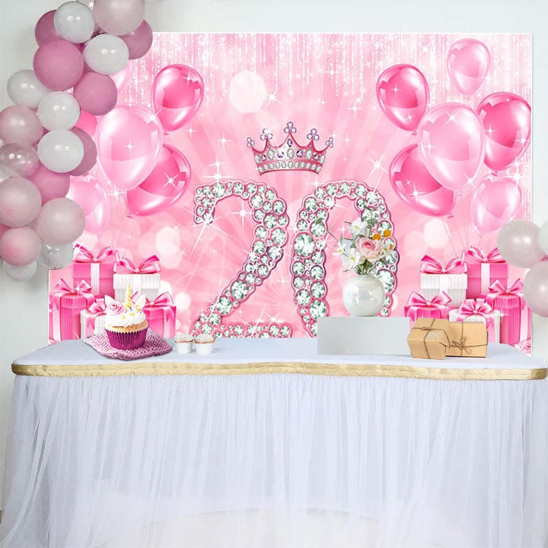 Aperturee - Aperturee Pink Balloons Gifts Crown 20th Birthday Backdrop