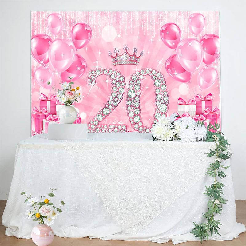 Aperturee - Aperturee Pink Balloons Gifts Crown 20th Birthday Backdrop