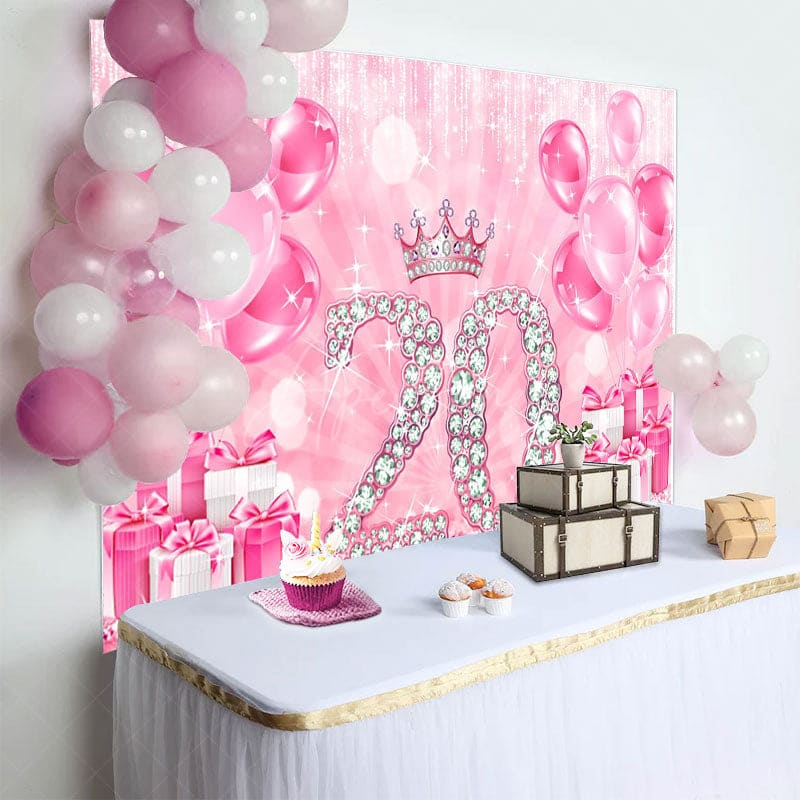 Aperturee - Aperturee Pink Balloons Gifts Crown 20th Birthday Backdrop