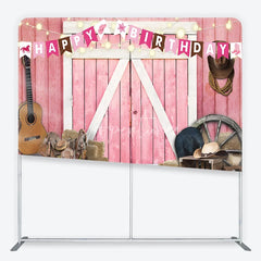 Aperturee - Aperturee Pink Barn Door Happy Birthday Square Double-Sided Backdrop Rustic Country Western Farm Party Decor with Cowboy