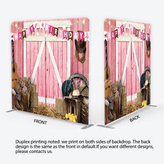 Aperturee - Aperturee Pink Barn Door Happy Birthday Square Double-Sided Backdrop Rustic Country Western Farm Party Decor with Cowboy