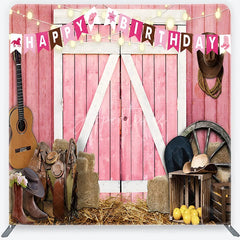 Aperturee - Aperturee Pink Barn Door Happy Birthday Square Double-Sided Backdrop Rustic Country Western Farm Party Decor with Cowboy