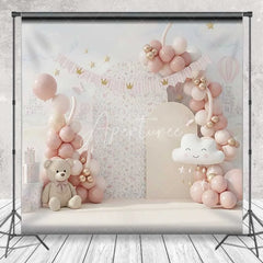 Aperturee - Aperturee Pink Bear Cake Smash Backdrop Balloon Garland Castle Background Girl 1st Birthday Princess Cloud Photography Prop