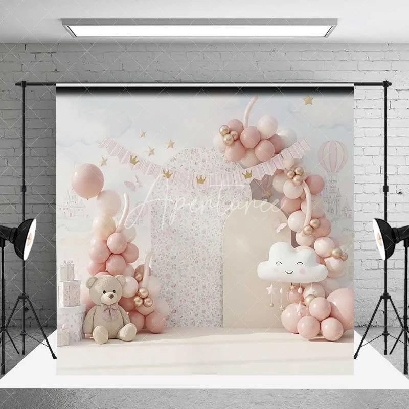 Aperturee - Aperturee Pink Bear Cake Smash Backdrop Balloon Garland Castle Background Girl 1st Birthday Princess Cloud Photography Prop