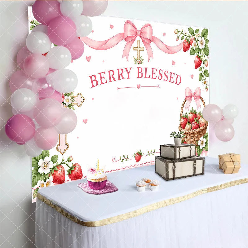 Aperturee - Aperturee Pink Berry Blessed Strawberry Birthday Backdrop with Cross and Gingham Ribbon Sweet Floral Basket Decor