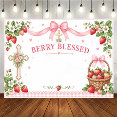 Aperturee - Aperturee Pink Berry Blessed Strawberry Birthday Backdrop with Cross and Gingham Ribbon Sweet Floral Basket Decor