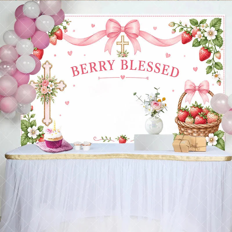 Aperturee - Aperturee Pink Berry Blessed Strawberry Birthday Backdrop with Cross and Gingham Ribbon Sweet Floral Basket Decor
