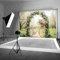 Aperturee - Aperturee Pink Bicycle and Floral Arch Photography Backdrop Spring Garden Peonies and Roses Romantic Outdoor Scene