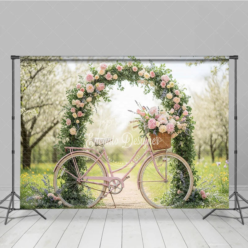 Aperturee - Aperturee Pink Bicycle and Floral Arch Photography Backdrop Spring Garden Peonies and Roses Romantic Outdoor Scene