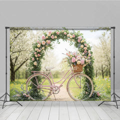 Aperturee - Aperturee Pink Bicycle and Floral Arch Photography Backdrop Spring Garden Peonies and Roses Romantic Outdoor Scene