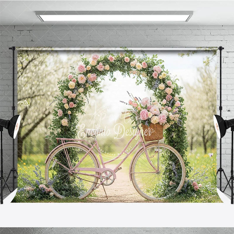Aperturee - Aperturee Pink Bicycle and Floral Arch Photography Backdrop Spring Garden Peonies and Roses Romantic Outdoor Scene