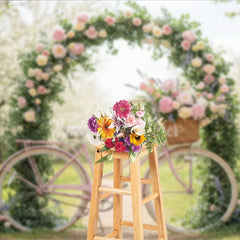 Aperturee - Aperturee Pink Bicycle and Floral Arch Photography Backdrop Spring Garden Peonies and Roses Romantic Outdoor Scene
