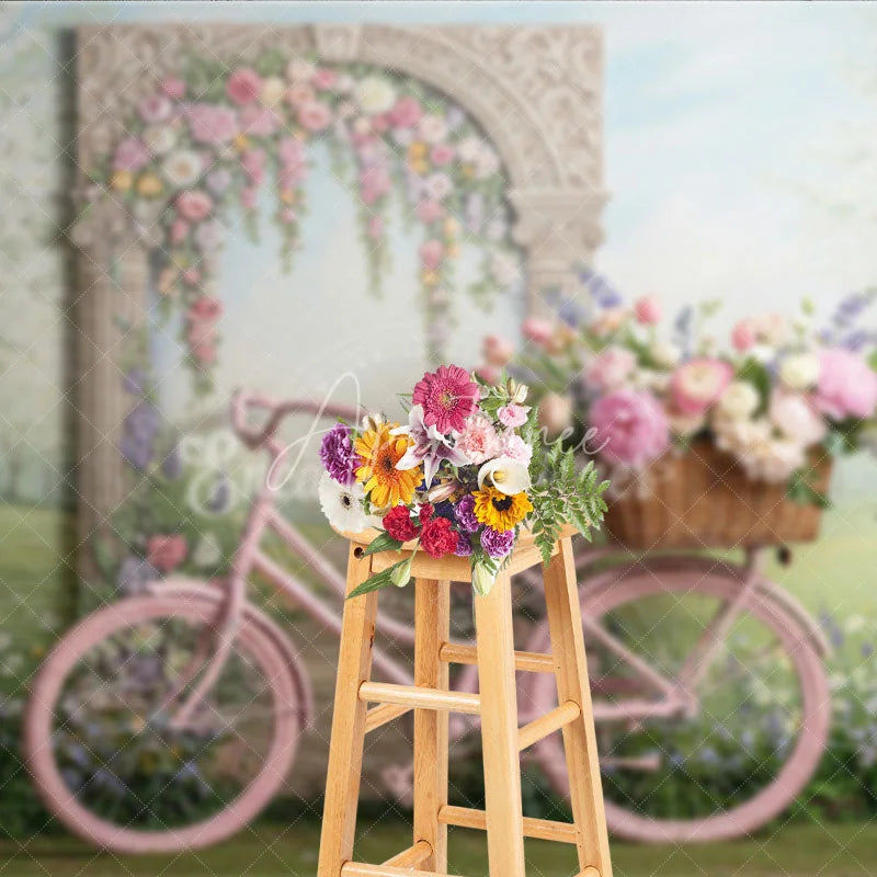 Aperturee - Aperturee Pink Bicycle and Floral Arch Spring Garden Photography Backdrop Whimsical Pastel Flowers for Party Decor
