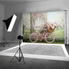 Aperturee - Aperturee Pink Bicycle and Floral Arch Spring Garden Photography Backdrop Whimsical Pastel Flowers for Party Decor