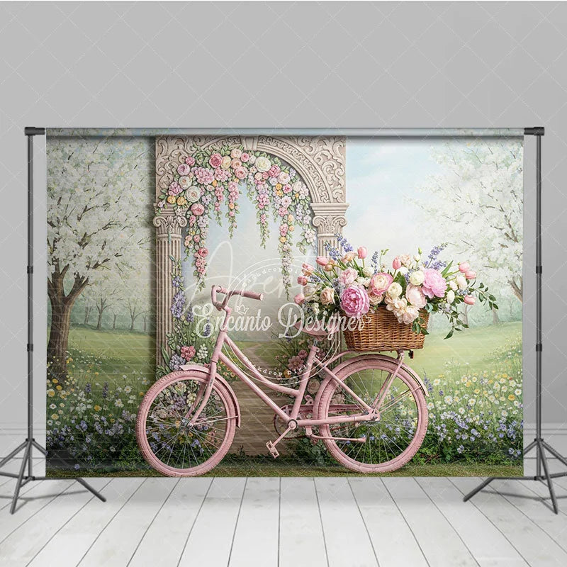 Aperturee - Aperturee Pink Bicycle and Floral Arch Spring Garden Photography Backdrop Whimsical Pastel Flowers for Party Decor