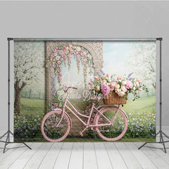 Aperturee - Aperturee Pink Bicycle and Floral Arch Spring Garden Photography Backdrop Whimsical Pastel Flowers for Party Decor