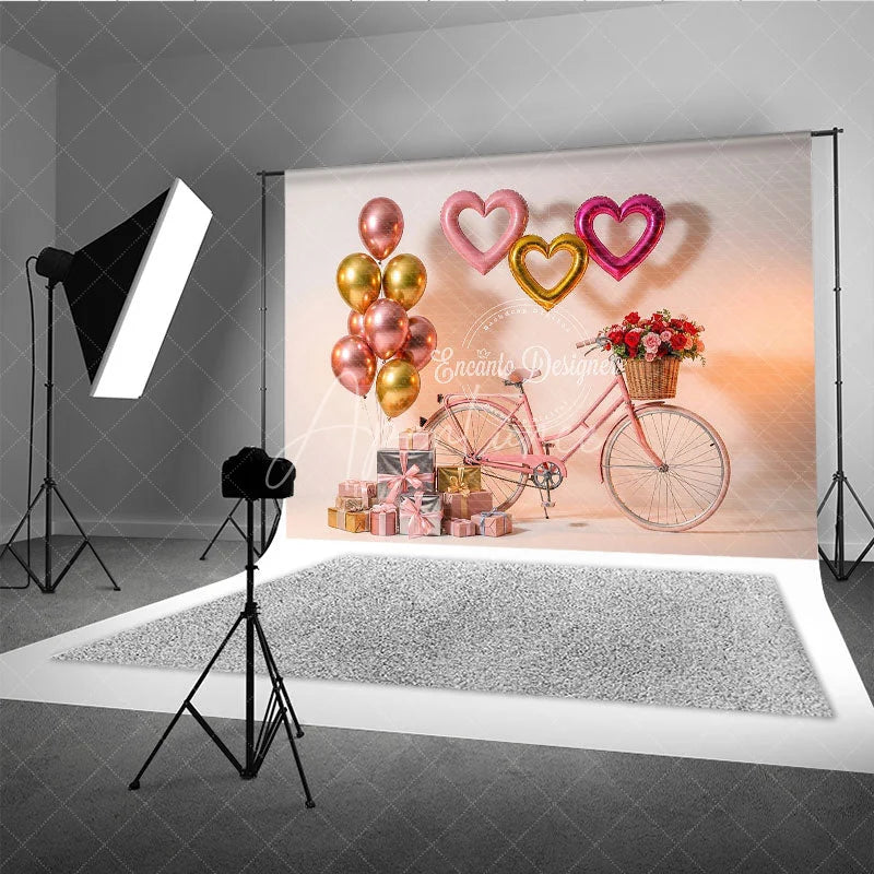 Aperturee - Aperturee Pink Bicycle Valentine Day Backdrop Rose Basket Heart Balloons Gift Box Background Romantic Photography Banner