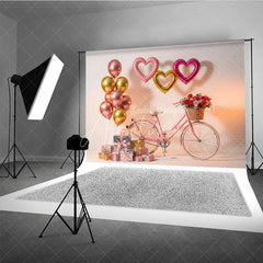 Aperturee - Aperturee Pink Bicycle Valentine Day Backdrop Rose Basket Heart Balloons Gift Box Background Romantic Photography Banner