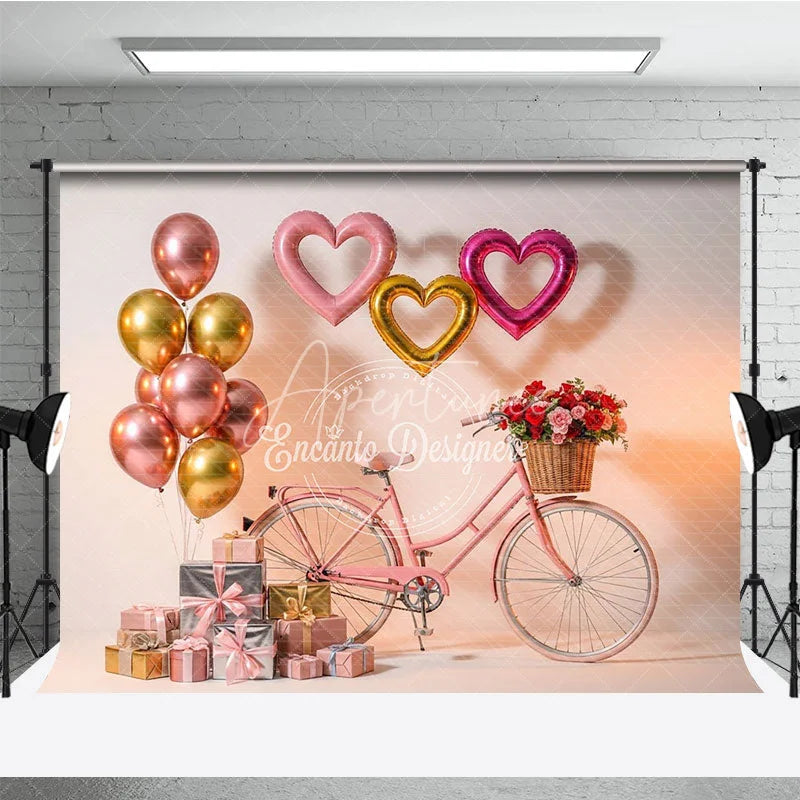 Aperturee - Aperturee Pink Bicycle Valentine Day Backdrop Rose Basket Heart Balloons Gift Box Background Romantic Photography Banner