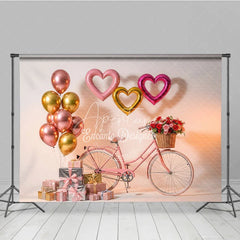 Aperturee - Aperturee Pink Bicycle Valentine Day Backdrop Rose Basket Heart Balloons Gift Box Background Romantic Photography Banner