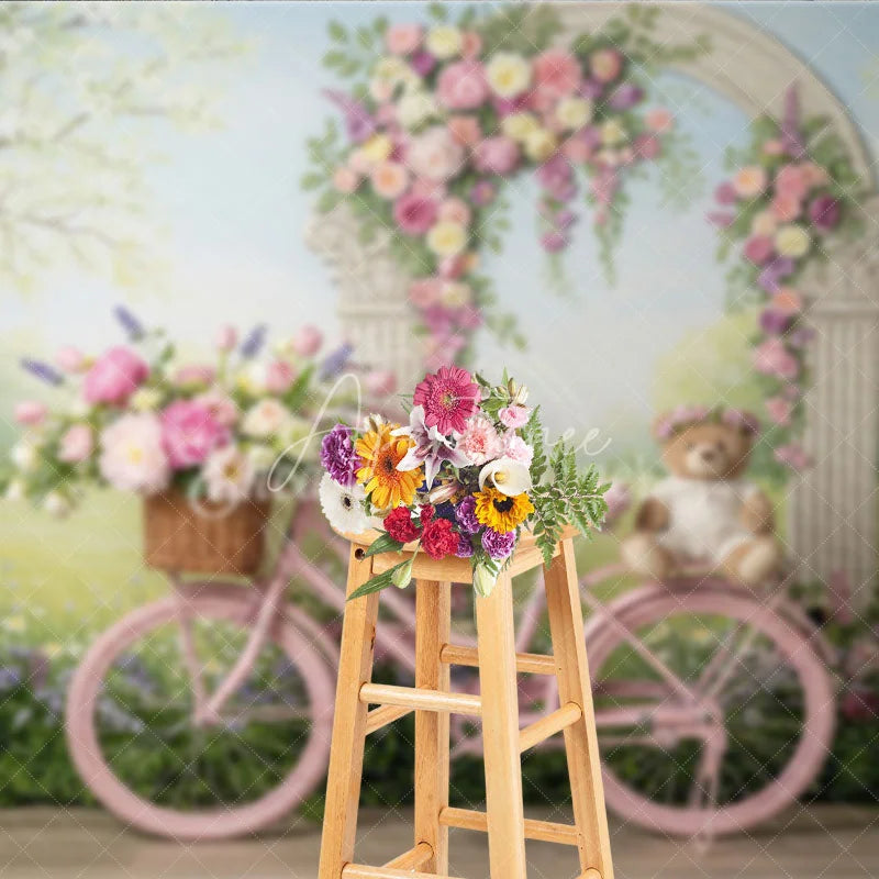 Aperturee - Aperturee Pink Bicycle with Floral Arch and Teddy Bear Photography Backdrop Spring Garden Theme for Baby Shower