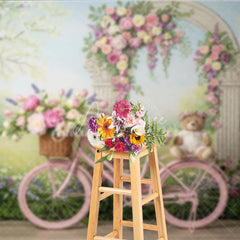 Aperturee - Aperturee Pink Bicycle with Floral Arch and Teddy Bear Photography Backdrop Spring Garden Theme for Baby Shower