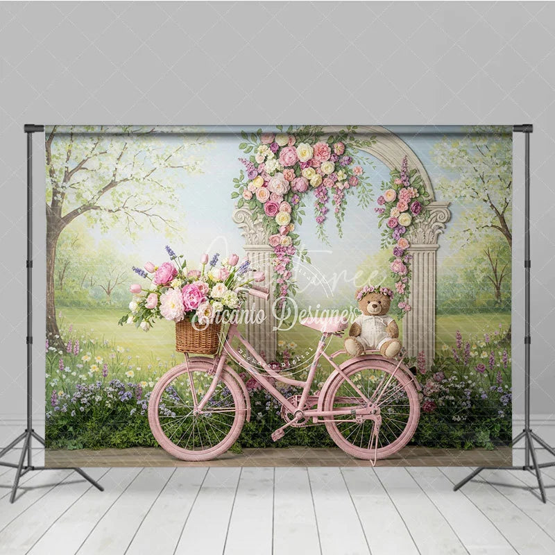 Aperturee - Aperturee Pink Bicycle with Floral Arch and Teddy Bear Photography Backdrop Spring Garden Theme for Baby Shower
