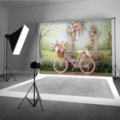 Aperturee - Aperturee Pink Bicycle with Floral Arch and Teddy Bear Photography Backdrop Spring Garden Theme for Baby Shower