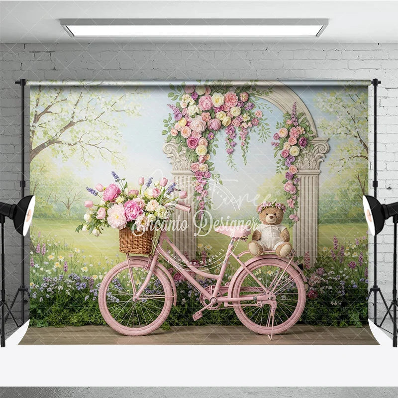 Aperturee - Aperturee Pink Bicycle with Floral Arch and Teddy Bear Photography Backdrop Spring Garden Theme for Baby Shower