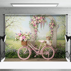 Aperturee - Aperturee Pink Bicycle with Floral Arch and Teddy Bear Photography Backdrop Spring Garden Theme for Baby Shower