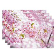 Aperturee - Aperturee Pink Blooming Cherry Blossom Set of 4 Placemats for Spring Festival and Japanese Themed Dining Decor