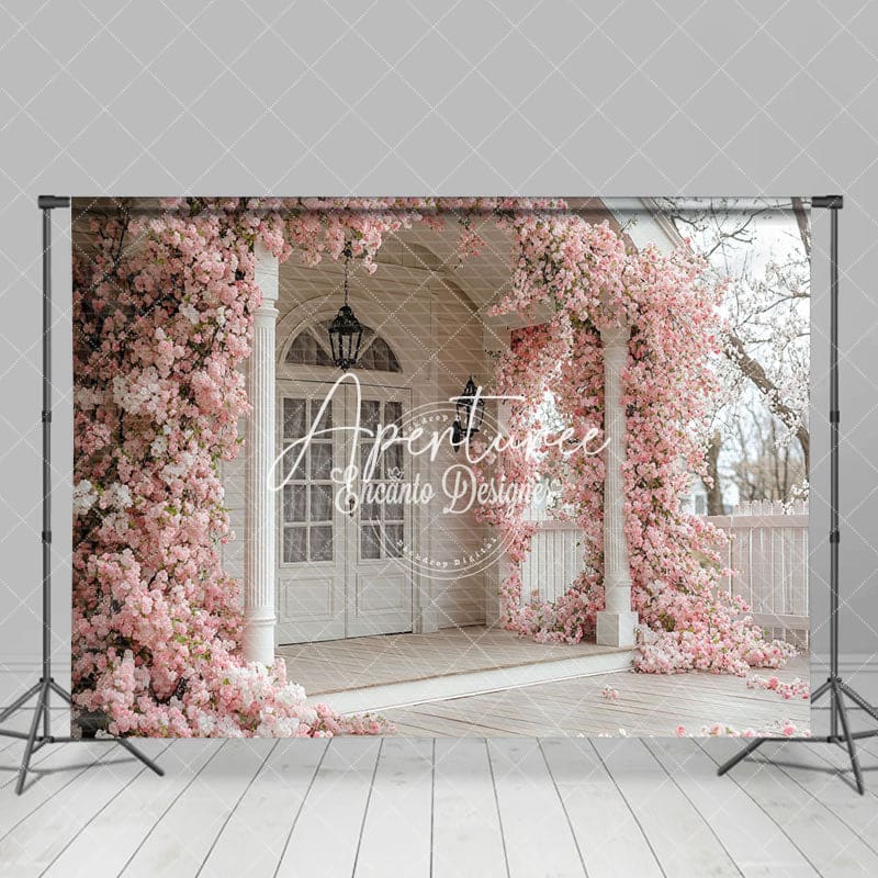 Aperturee - Aperturee Pink Blooming Flower White Door Spring Backdrop