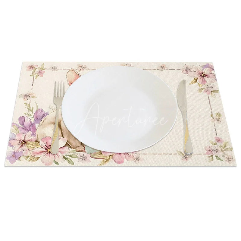 Aperturee - Aperturee Pink Blossom Easter Bunny Set of 4 Placemats Blue Egg Rabbit Spring Table Mats for Holiday
