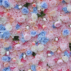 Aperturee - Aperturee Pink Blue and White Rose Hydrangea Artificial Flower Wall Elegant Floral Backdrop for Wedding Party Photo Booth