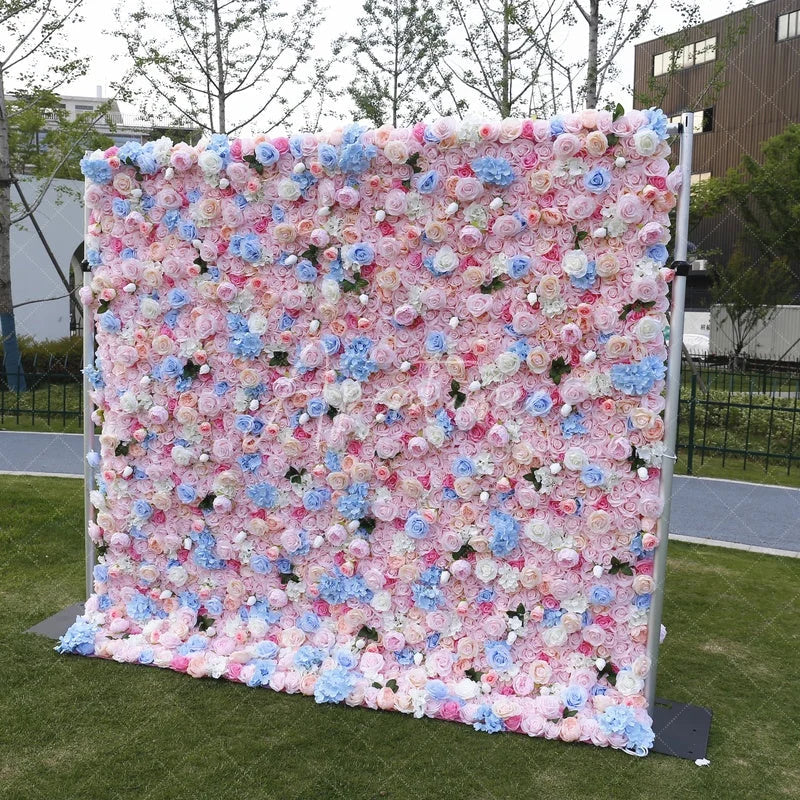 Aperturee - Aperturee Pink Blue and White Rose Hydrangea Artificial Flower Wall Elegant Floral Backdrop for Wedding Party Photo Booth