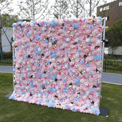 Aperturee - Aperturee Pink Blue and White Rose Hydrangea Artificial Flower Wall Elegant Floral Backdrop for Wedding Party Photo Booth