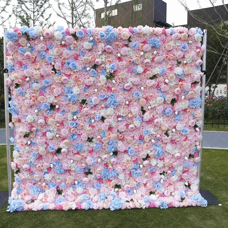 Aperturee - Aperturee Pink Blue and White Rose Hydrangea Artificial Flower Wall Elegant Floral Backdrop for Wedding Party Photo Booth