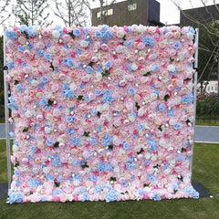 Aperturee - Aperturee Pink Blue and White Rose Hydrangea Artificial Flower Wall Elegant Floral Backdrop for Wedding Party Photo Booth