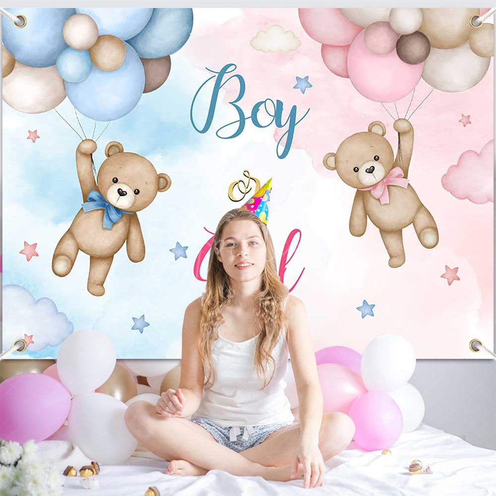 Aperturee - (Ship In 24HR) Aperturee Pink Blue Bear Boy Or Girl Baby Shower Backdrop