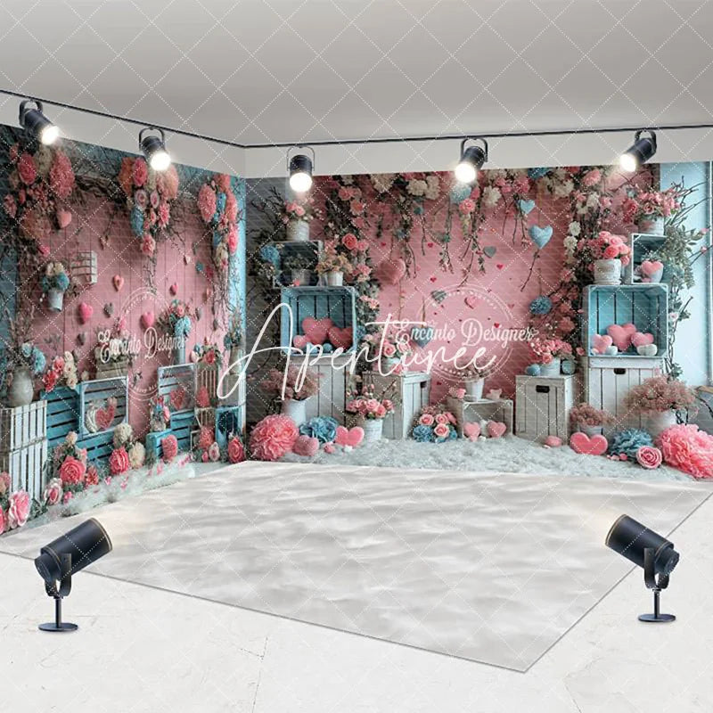 Aperturee - Aperturee Pink Blue Floral Valentines Vibe Room Set Backdrop
