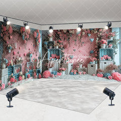 Aperturee - Aperturee Pink Blue Floral Valentines Vibe Room Set Backdrop