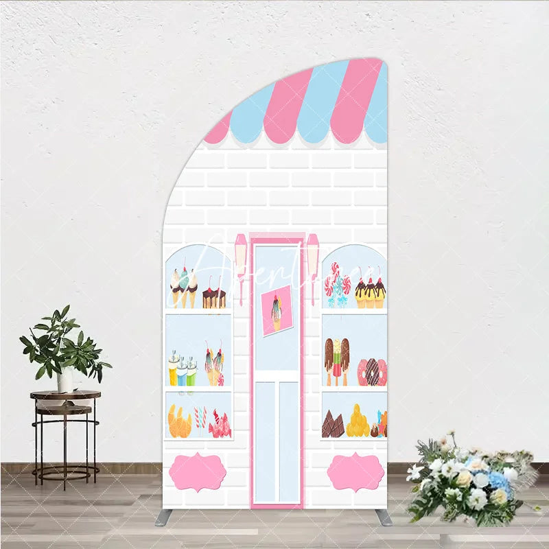 Aperturee - Aperturee Pink Blue Striped Awning Candy Shop Ice Cream Half Moon Arch Backdrop Sweet Dessert Birthday Party Decor